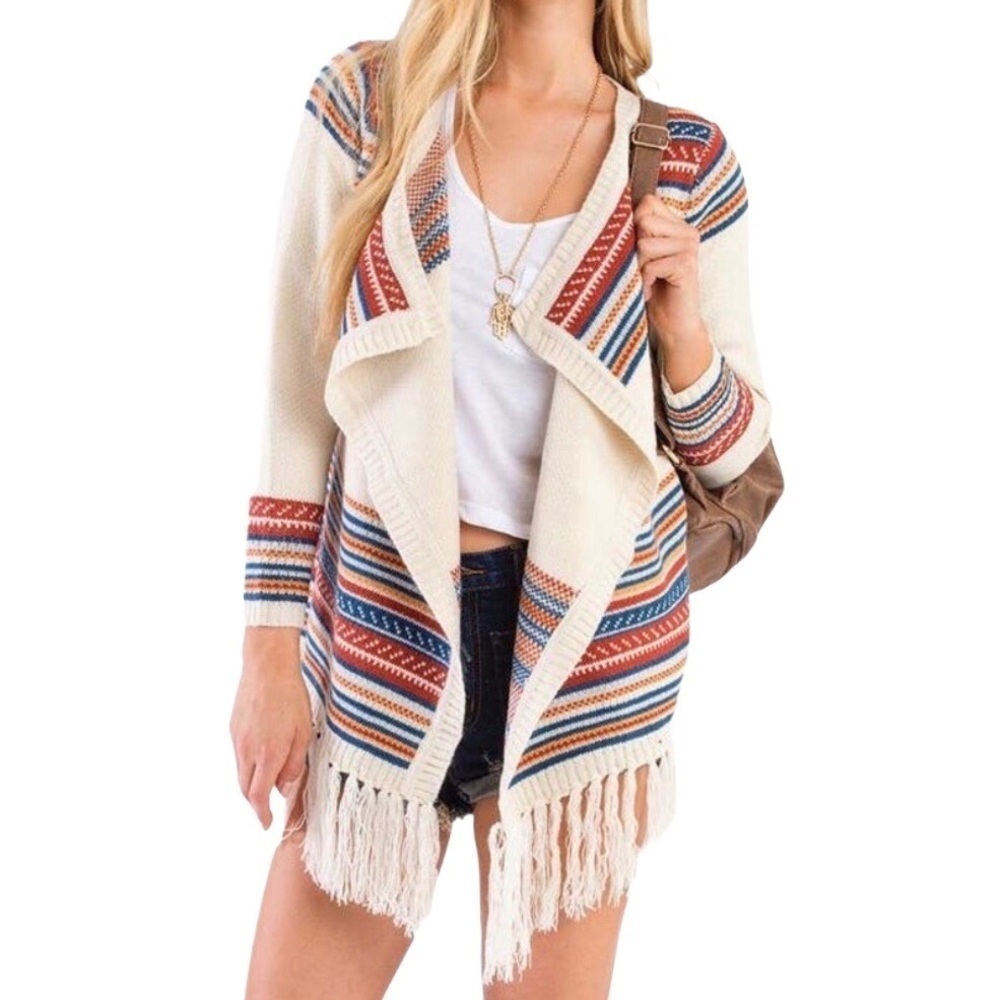 TOBI Annie Fringe Cardigan Drape Front Sweater Ivory Stripe Size M/L LV6291